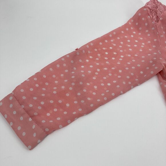 Women's Pink Sheer Polka Dot Button Up Blouse Lace Pockets Mock Collar Coquette - Picture 7 of 12